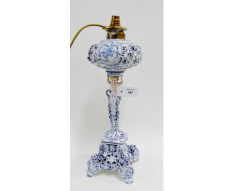 Continental porcelain blue and white figural oil lamp base, 46cm high excluding fitting