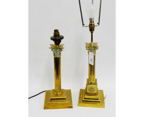 Two brass fluted column table lamp bases with corinthian capitals on stepped bases, tallest 38cm excluding fittings, (2) 