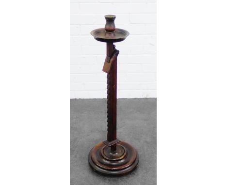 Mahogany rise and fall candlestick, on circular base, 86cm
