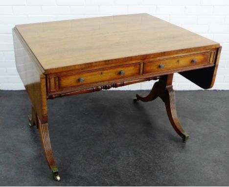 19th century rosewood sofa table of typical form with drop leaves, two long drawers and reeded side supports terminating in b