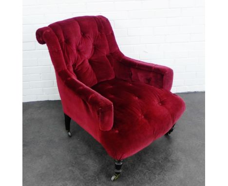 Victorian red velvet upholstered button back armchair, 83 x 80cm