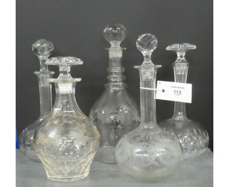 Group of five various 19th century decanter and stoppers, (5) 