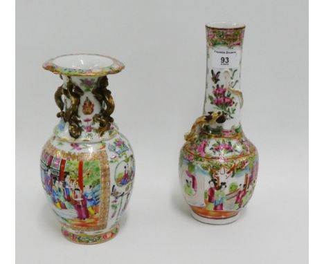 19th century Chinese Canton enamel vases to include a bottle neck vase applied with a Dragon and painted with figures, togeth