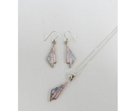 Silver and enamel pendant on silver chain together with a pair of matching earrings (3) 