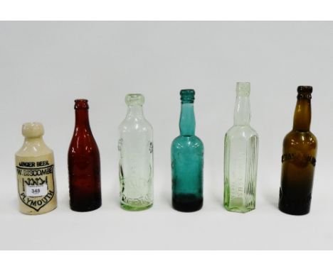 Collection of vintage glass and stoneware bottles to include a 'Viscum of Plymouth' ginger beer bottle etc., (6)