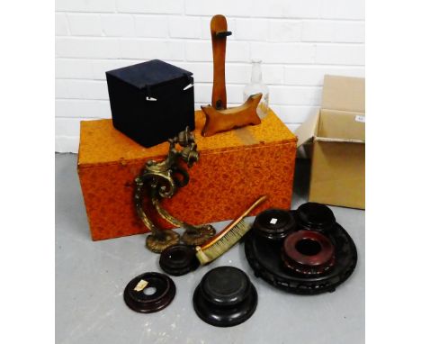 A mixed lot to include Chinese hardwood stands, embroidered box, plate stand, gilt wood wall sconces, brush and a gilt decora