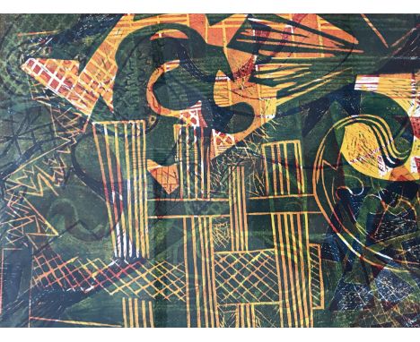 Claire Ashworth (Contemporary) An abstract geometric screen-print in orange, yellow and green, framed and mounted under glass