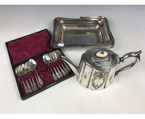 An electroplate basket and teapot together with cased teaspoons and tongs 