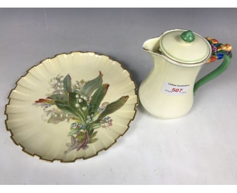 A Spode hand-enamelled dessert plate together with a Crown Staffordshire covered jug