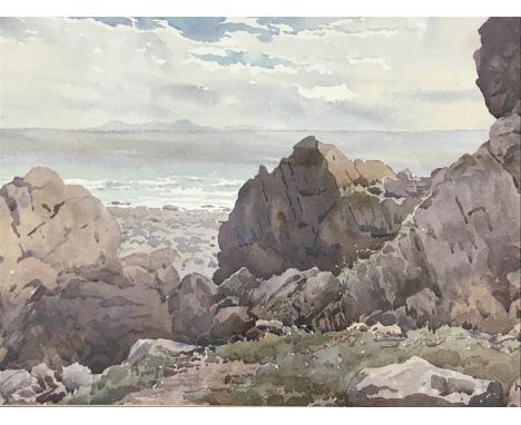 W*** Scott Smith (Contemporary) Coastal seascape from the perspective of the rocky shore, watercolour, framed and mounted und