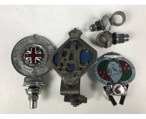 A Westmorland motor club car bumper badge and lapel badge, together with a Royal Automobile club associate car badge and a RA