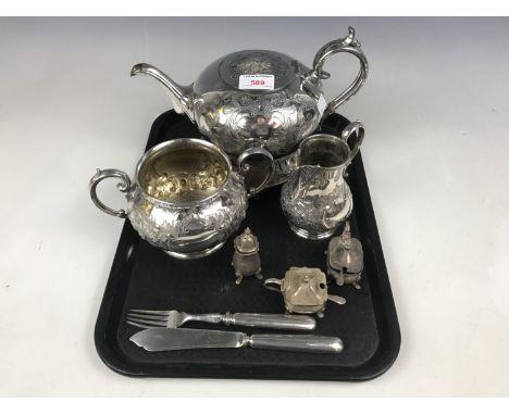 Sundry electroplate including a James Dixon and Sons of Sheffield three-piece tea set, a cruet set and a teapot stand etc