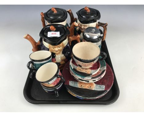 Shorter and Son Hollins Toby tea pots and derivatives, including three tea pots, a sugar pot with cover and spoon, four tea c