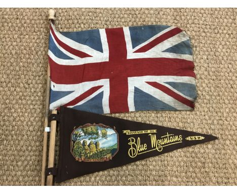 A vintage Blue Mountains pennant together with a Union jack pennant