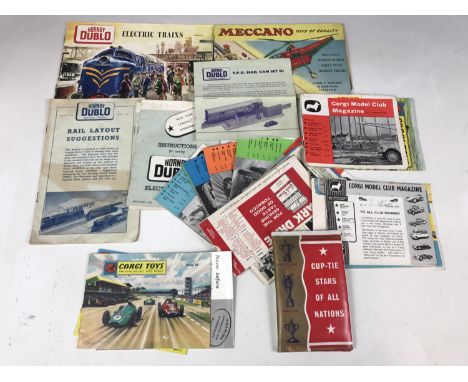 Sundry vintage Meccano together with Hornby Dublo, Corgi club magazines and Cup Ties of all Nations etc