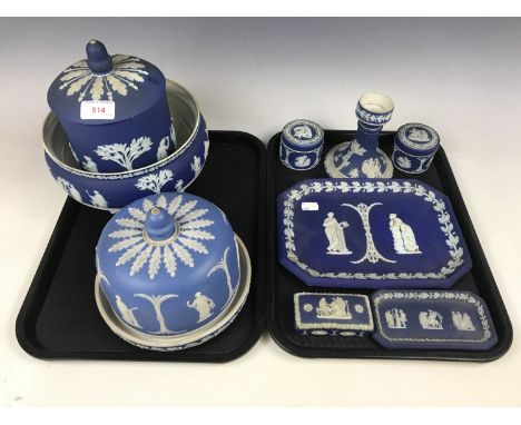 A collection of late 19th / early 20th Century Wedgwood dark blue Jasperware, including cheese dome, biscuit barrel, rose bow