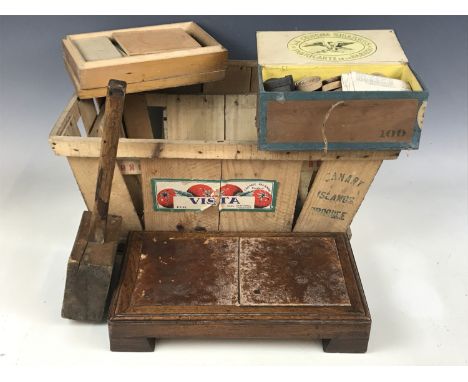 Sundry wooden collectables including two vintage fruit crates, a mallet, draughts pieces and a puzzle