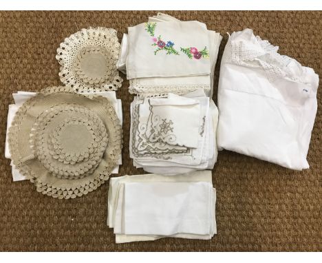 Vintage table linens, comprising white-work table cloths, embroidered napkins and crocheted coasters / doilies 