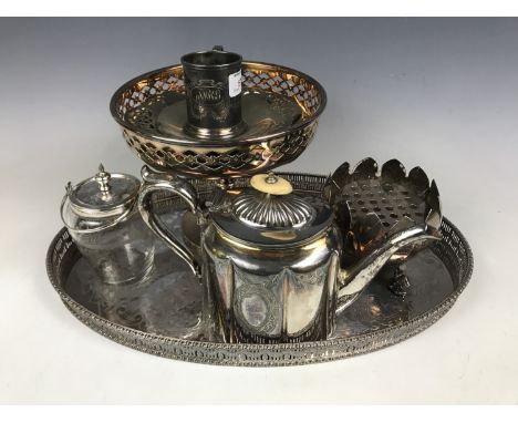 A quantity of electroplate including a galleried tray, a teapot and a bowl etc