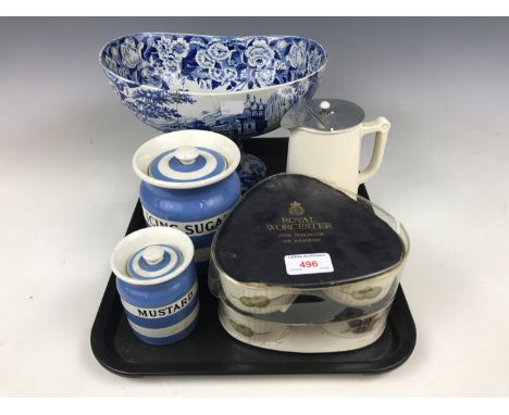 Six Royal Worcester ramekins together with T.G. Green icing sugar and mustard jars, a pearlware bowl (a/f) etc