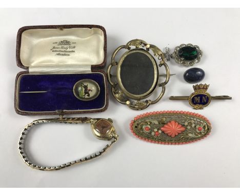 Victorian and later jewellery including an imitation Essex crystal stick-pin, swivel locket brooch and a blue hardstone and w