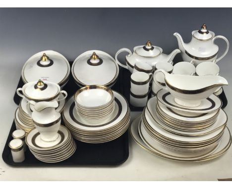 An extensive Royal Doulton Harlow pattern tea and dinner service including two tureens, a cruet set and dinner plates etc, ap