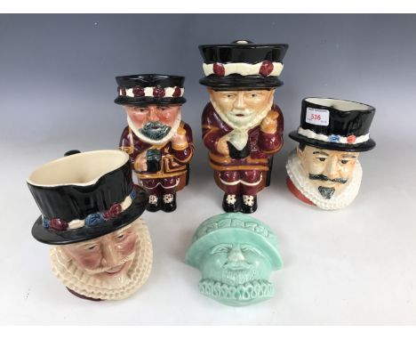 Shorter and Son Beefeater character jugs and a lamp base, together with a Beefeater wall plaque, latter 12 cm high 