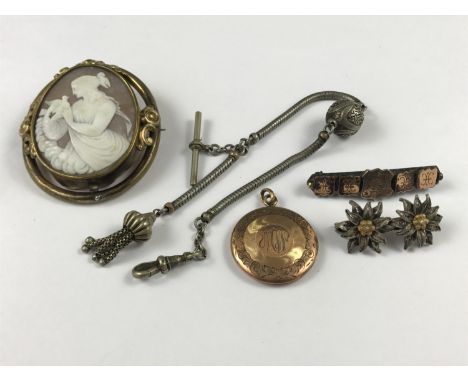 Victorian and later rolled-gold and other jewellery, including a carved shell cameo brooch, a gold faced bar brooch, an engin