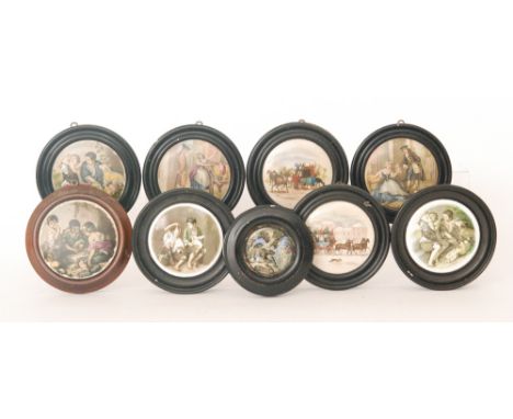 A small 19th Century Staffordshire pot lid 'Bear Hunting', framed together with eight assorted late 19th to early 20th Centur