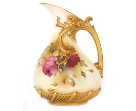 A Royal Worcester shape 1439 ewer decorated with hand painted crimson roses against a pale ground, puce mark with date code f