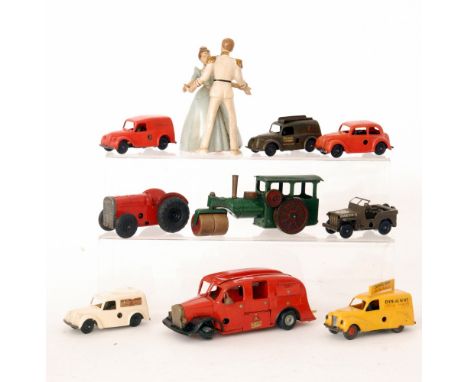 A Triang Minic fire engine, lacking ladder, an American jeep, an Evening News van, a steam roller, a dancing Cinderella and P