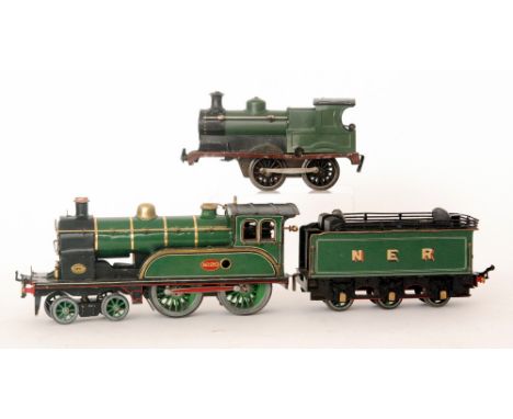 An O gauge 4-4-0 NER locomotive and tender 1620 in green livery named Gateshead 1893 North British Company and a Bing 0-4-0 t