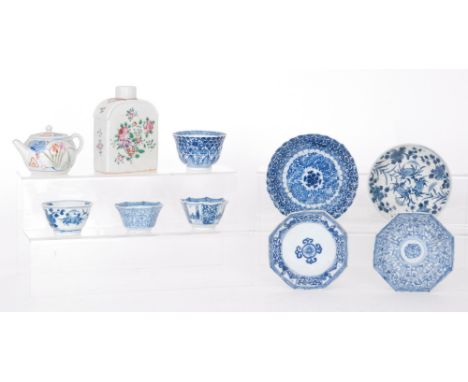 Four assorted 18th and 19th Century Chinese blue and white teabowls and saucer of varying form, each with hand painted decora