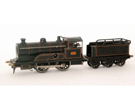 A Bing O gauge 0-4-0 locomotive and tender 3768 in black livery, S/D