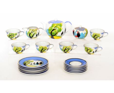 A contemporary Bizarre Craft tea service by Rene Dale comprising teapot, milk, sugar, six cups, saucers and plates all hand p