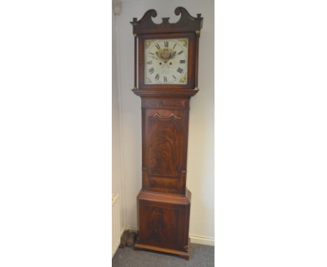 A mid 19th Century line inlaid mahogany longcase clock with an eight day movement, with a twin swan neck pediment above the 1