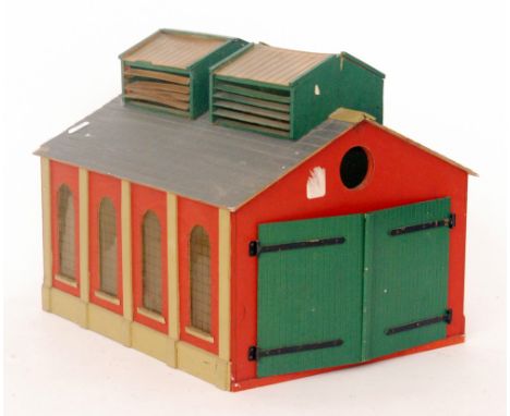 A Hornby O gauge lithographed tinplate platform station, two level crossings, a No 2 signal cabin, boxed, two bridges, a No 1