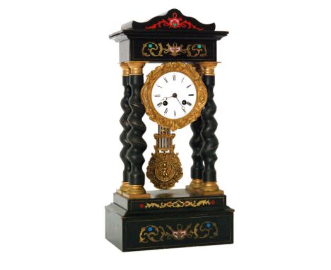 A late 19th Century ebonised portico mantle clock with circular white enamelled dial in spiral pillar and boulle work case, h