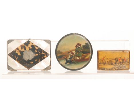 A 19th Century tortoiseshell and mother of pearl inlaid rectangular card case inset with a silver cartouche, a circular paint