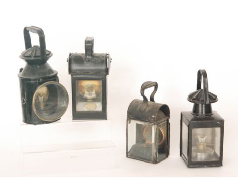 A Midlands black painted railway hand lamp by L.M.S.R makers Wolverhampton, height 27cm, a similar lamp, another marked (BR M