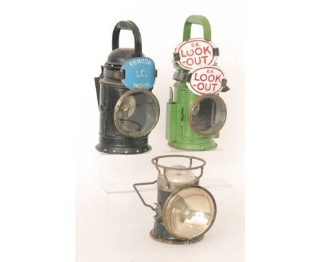 A Green painted war department railway lamp by Eastgate &amp; Sons Birmingham 1944, a similar lamp, two BR enamelled 'Look Ou