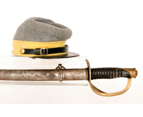 A US pattern sabre and scabbard with leather wire handle and open brass guard, the 86cm blade stamped Chicoree Mass, MM 1864 