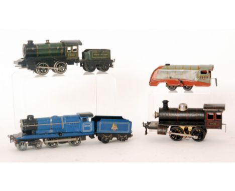 A Chad Valley O gauge 4-4-0 locomotive and tender in blue livery 10138, a 0-4-0 Silver Link loco 2509, a Bing 0-4-0 tank loco