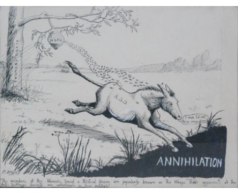 M HOWEY (20TH CENTURY BRITISH) - Annihilation, of suffragette interest, a black ink illustration heightened in Chinese white 