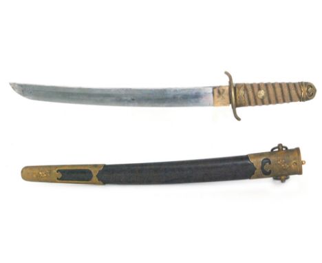 A 20th Century Japanese Wakashashi and scabbard, ray skin grip and brass mounts , 28cm blade