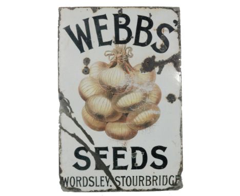 A large enamel pictorial advertising sign for Webbs' Seeds, Wordsley Stourbridge, the lettering in black against a white grou