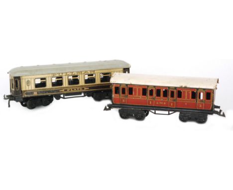 A Bing O gauge pullman Plato corridor coach in cream and brown livery and a LMS white and maroon livery corridor coach, S/D (