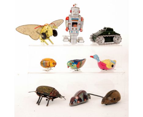 A Lehmann clockwork stag beetle, a Schuco felt covered mouse, a later Japanese tinplate mouse, an Arnold tank and five replic