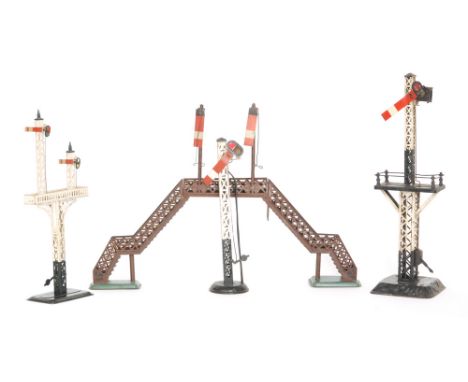 Two Bing single arm O gauge signals, a signal bridge and various Hornby signal (qty)