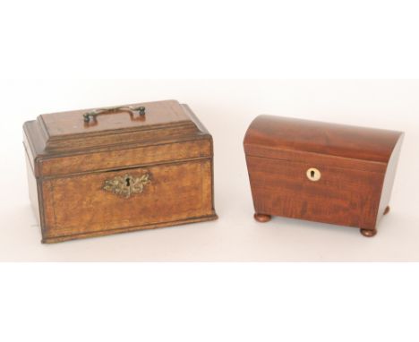 A 19th Century mahogany string inlaid three divisioned tea caddy width 25cm and a small two division tea caddy containing Rom